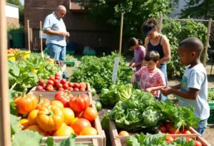 Families participating in gardening activities in West Louisville community garden