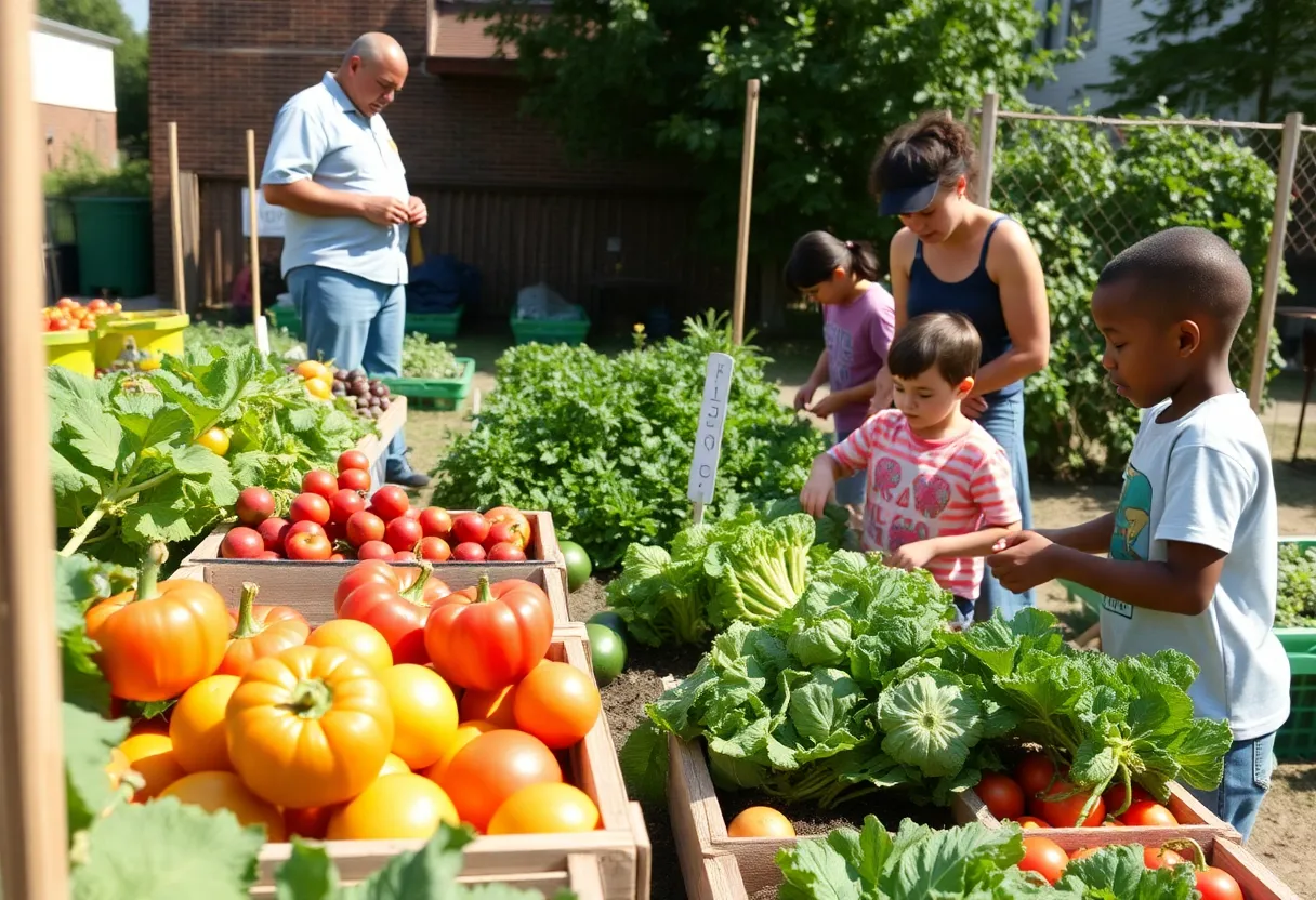 Families participating in gardening activities in West Louisville community garden