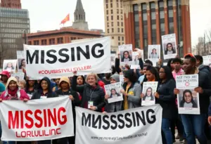 Community members participating in a search for a missing person, with Louisville city landmarks in the background.