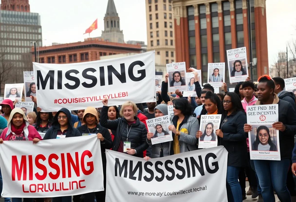 Community members participating in a search for a missing person, with Louisville city landmarks in the background.
