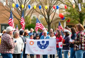 Community gathering supporting military families with decorations.