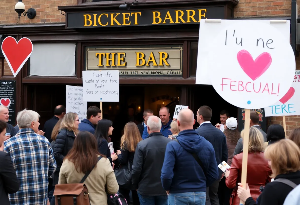A community gathering showing support for Stooges Bar and Grill employees with fundraising signs.