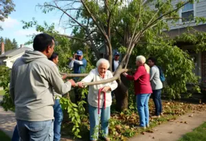 Community members assisting an elderly woman with a tree removal