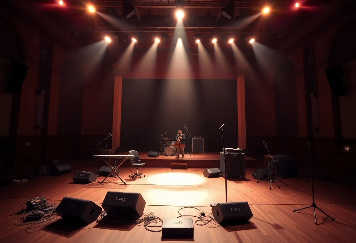 Concert stage set with musical instruments and a spotlight