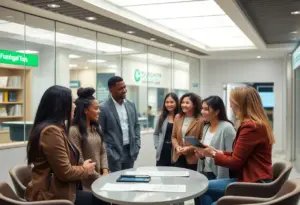 Group of diverse consumers engaging with financial professionals in a bank.