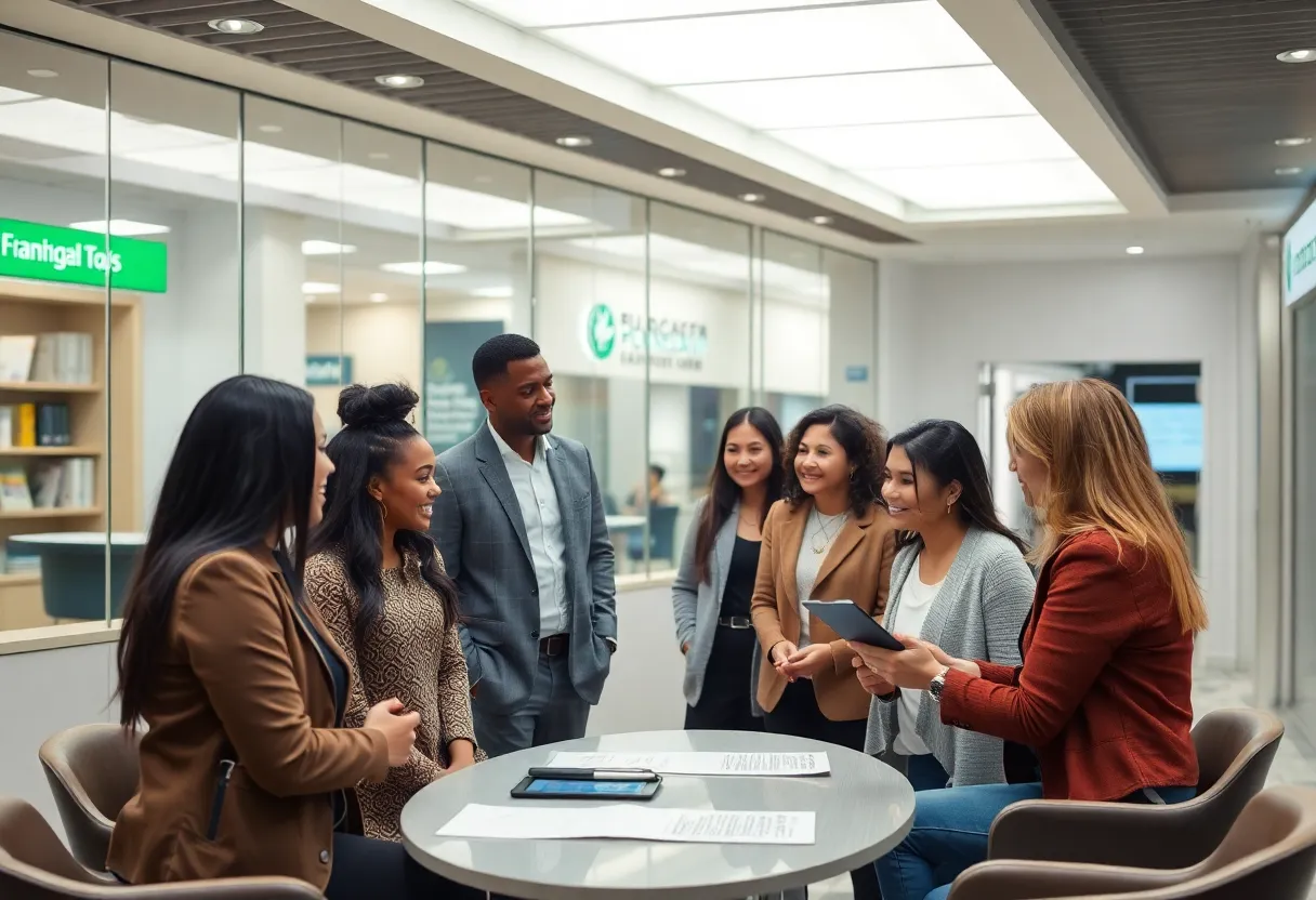 Group of diverse consumers engaging with financial professionals in a bank.