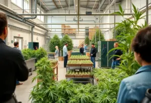 Interior view of Cornbread Hemp's new production facility with visitors observing production.