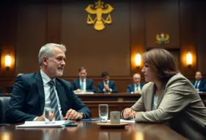 Courtroom scene depicting legal proceedings