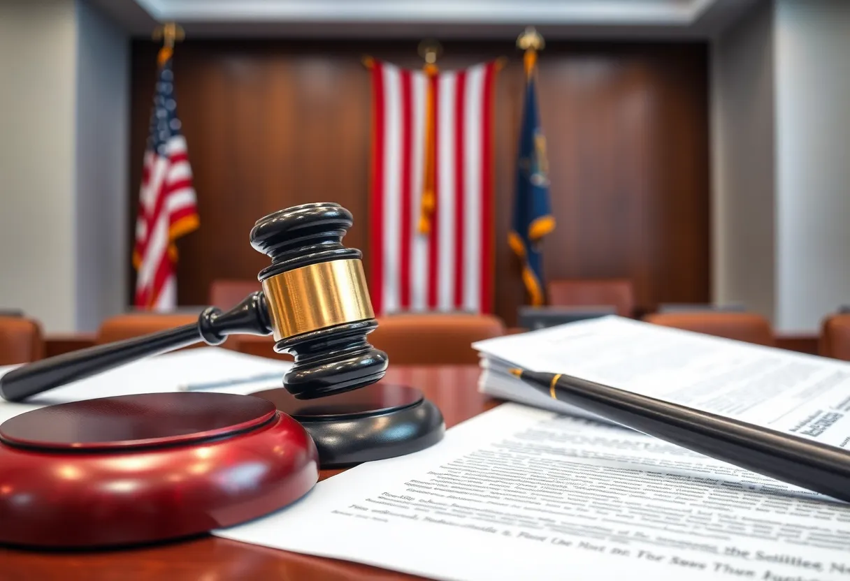 A courtroom desk with a gavel and legal documents symbolizing justice.