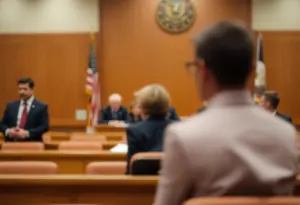 A serious courtroom scene depicting a criminal case in process.