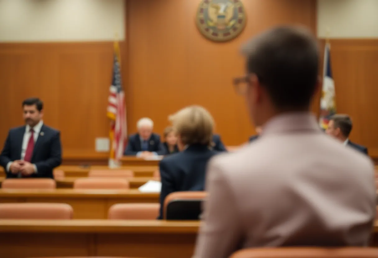 A serious courtroom scene depicting a criminal case in process.