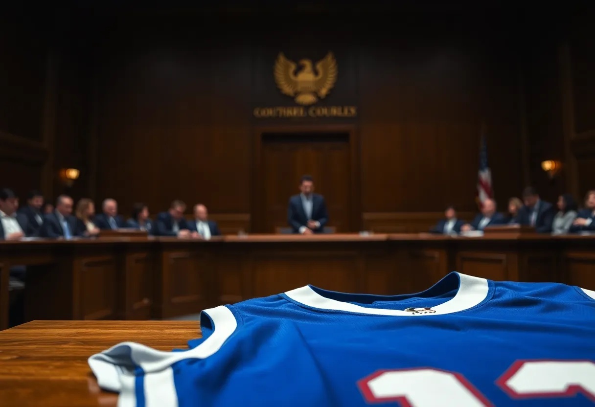 Courtroom scene with a sports jersey symbolizing sports integrity