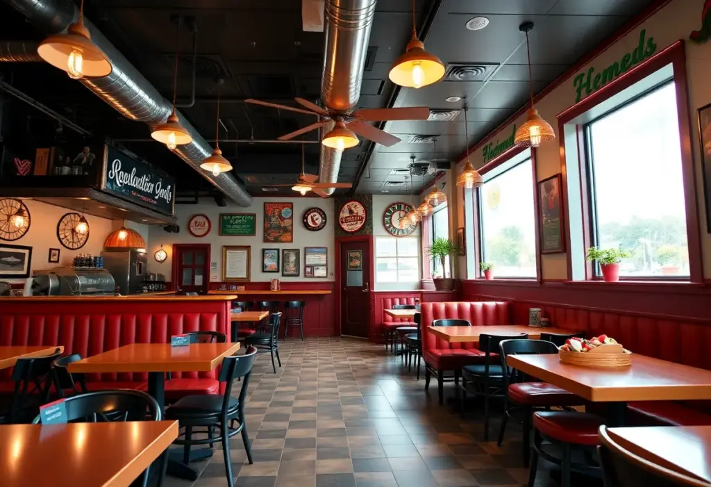 Interior view of Derby Dogs showcasing vintage Derby theme and menu offerings