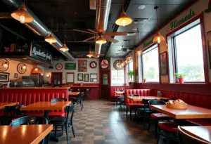 Interior view of Derby Dogs showcasing vintage Derby theme and menu offerings