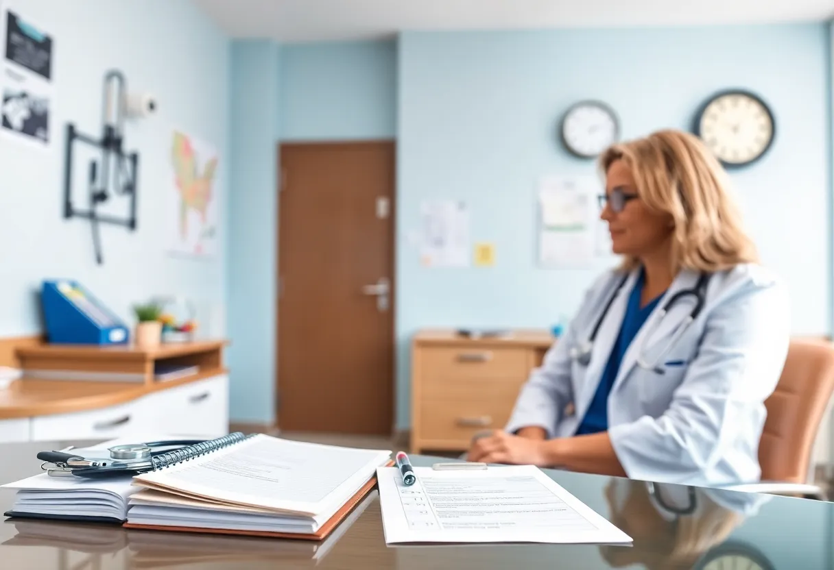 A patient in a doctor's office preparing for their appointment with medical records and notes.