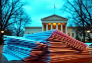 Pile of documents being released in front of a courthouse