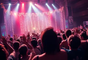 Dylan Scott performing live at a concert with a cheering crowd