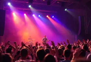 A band performing live on stage at a concert with a vibrant audience.
