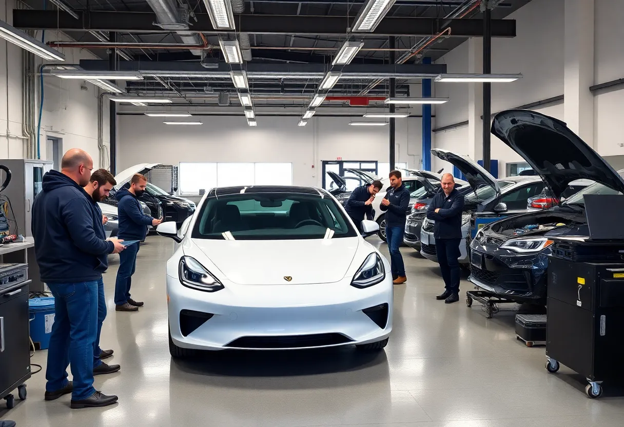 Students learning about electric vehicle technologies in a modern classroom.