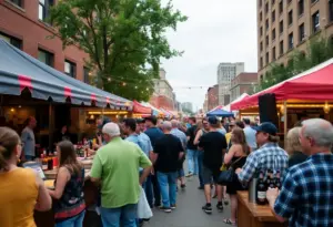 Attendees enjoying the Equip Exposition closing party with live music and local food