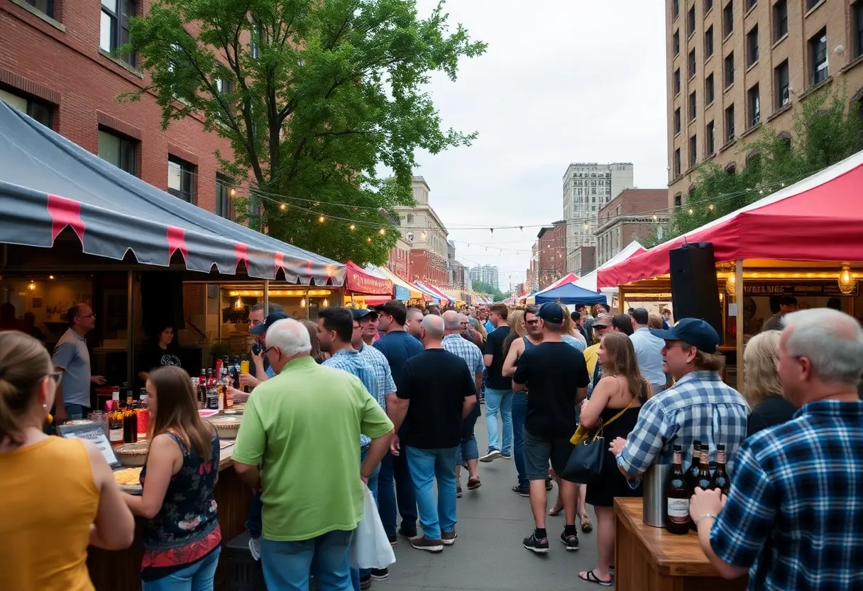 Attendees enjoying the Equip Exposition closing party with live music and local food