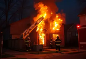 Firefighters fighting flames in a house fire