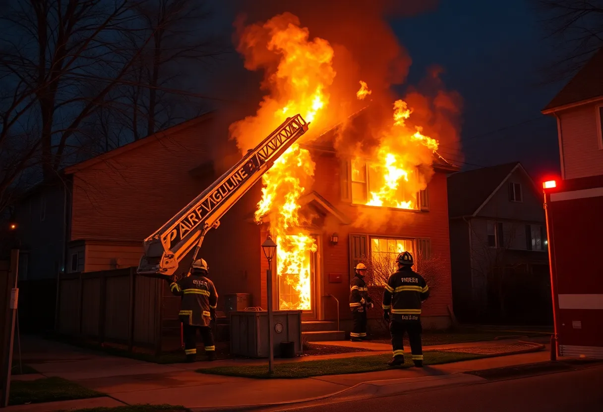 Firefighters fighting flames in a house fire