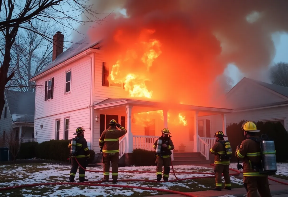 Firefighter working to suppress flames in a vacant house in Portland