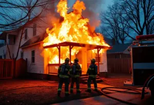 Firefighter at a house fire in Portland neighborhood, Louisville