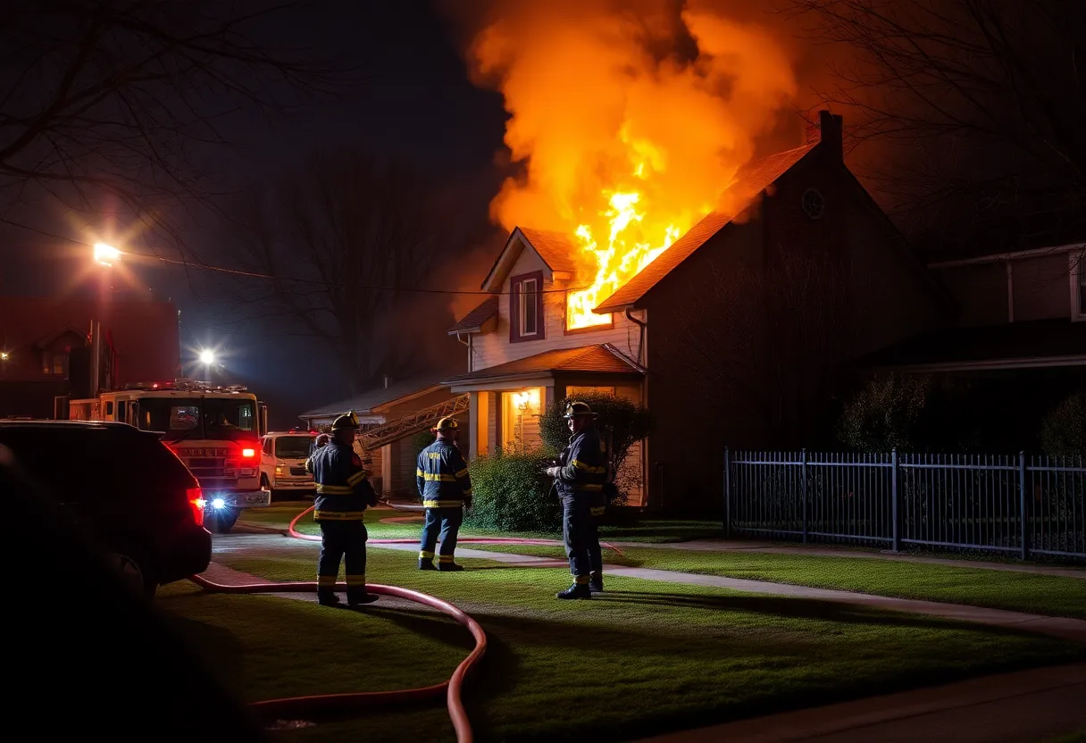 Firefighter responding to a house fire in Portland neighborhood, showcasing flames and firefighting equipment.