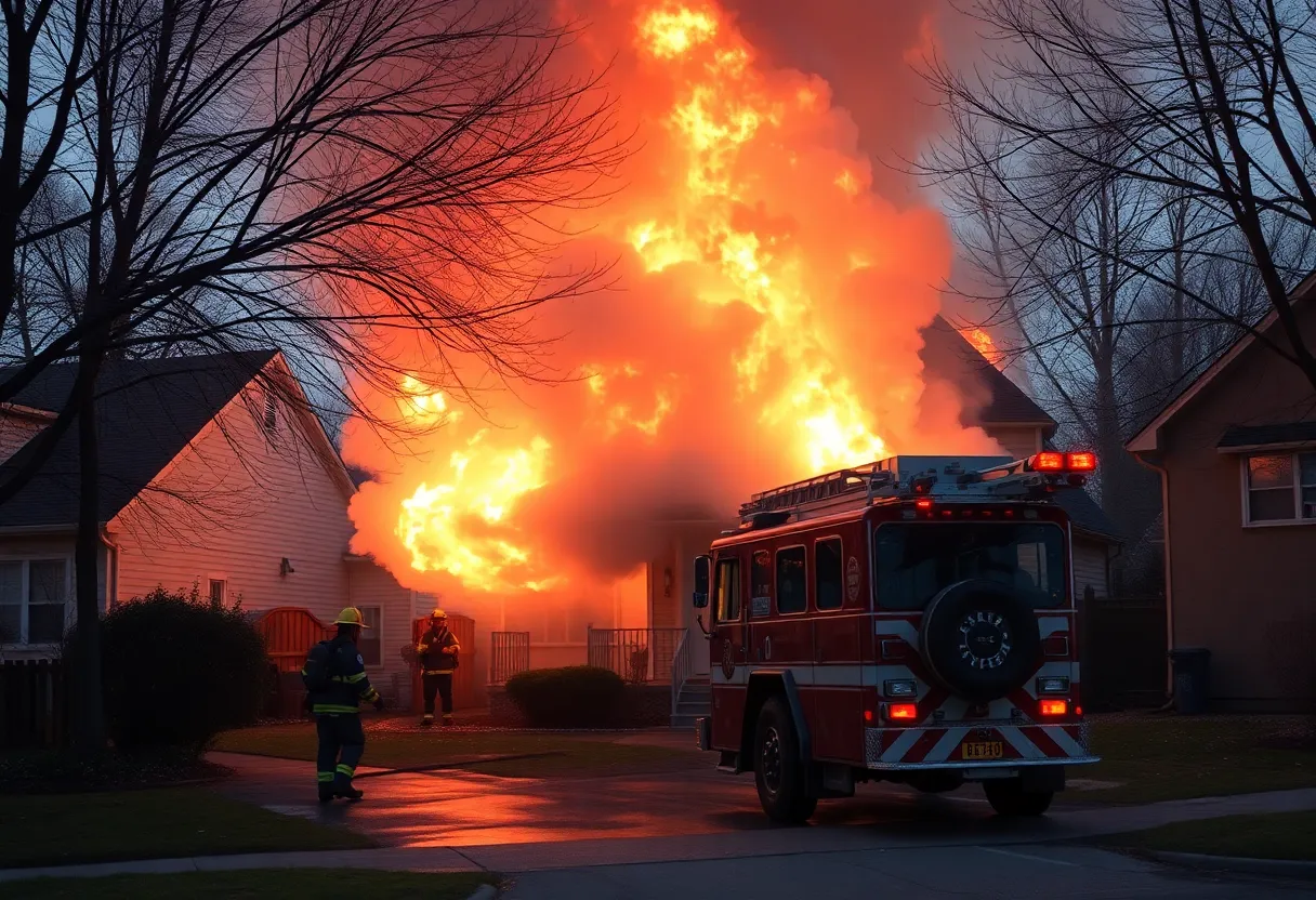 Firefighters extinguishing a house fire in a residential area