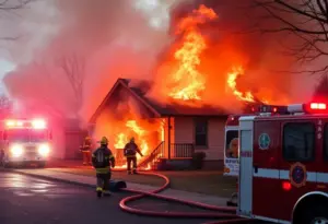 Firefighters extinguishing a fire in a vacant home in Louisville.
