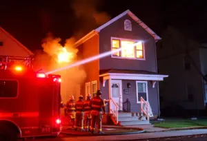 Firefighters responding to a house fire in the Portland neighborhood of Louisville