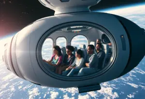 A diverse group of space travelers preparing for launch.