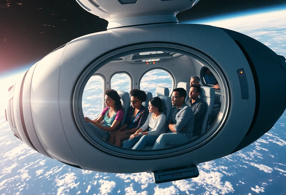 A diverse group of space travelers preparing for launch.