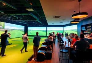 People enjoying indoor golf at Five Iron Golf in downtown Louisville.