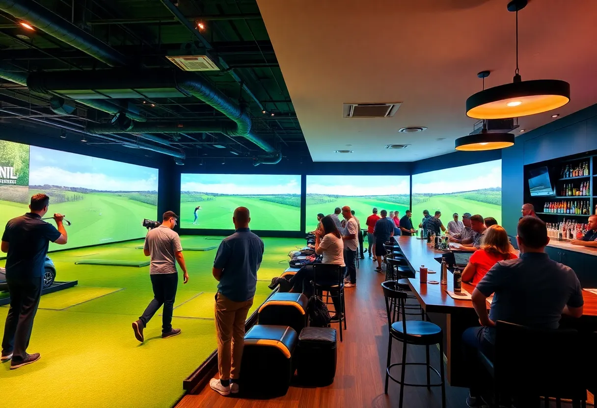 People enjoying indoor golf at Five Iron Golf in downtown Louisville.