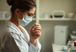 Healthcare professional examining flu virus samples in a laboratory.