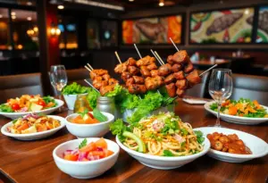 Dining table at Gaucho Urbano Brazilian Steakhouse with various dishes