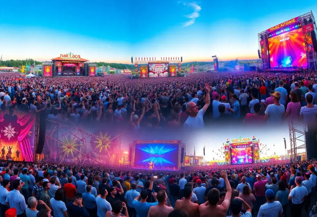 Collage of various music festivals featuring diverse crowds and performances