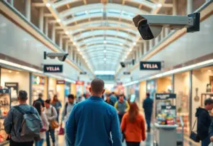 Interior view of Green Tree Mall showcasing shoppers and security.