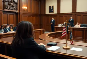 Courtroom scene depicting a legal hearing on immigration detention