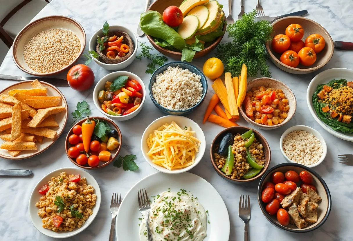 A beautifully arranged holiday table featuring healthy foods.