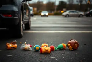 Parking lot with vehicle and child's toys symbolizing tragedy