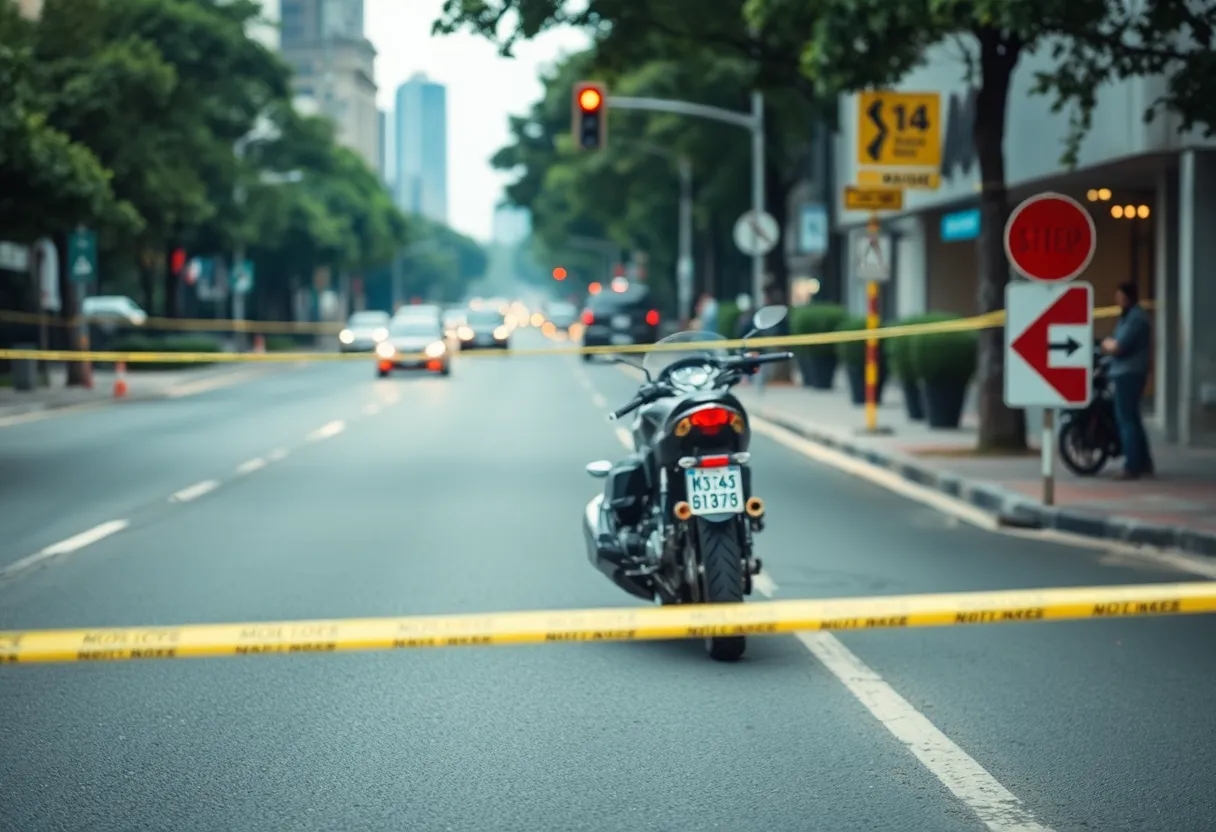 Investigation ongoing at hit-and-run accident scene with motorcycle and police tape