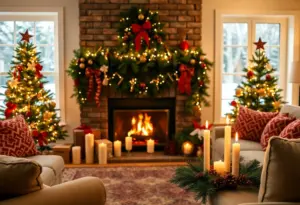 A living room decorated for the holidays with a fireplace and candles, illustrating fire safety during the holiday season.