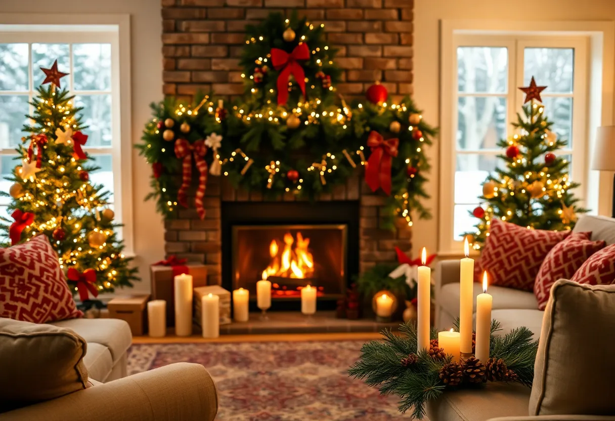 A living room decorated for the holidays with a fireplace and candles, illustrating fire safety during the holiday season.