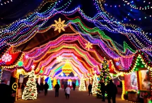 A stunning display of holiday lights in an underground cavern.