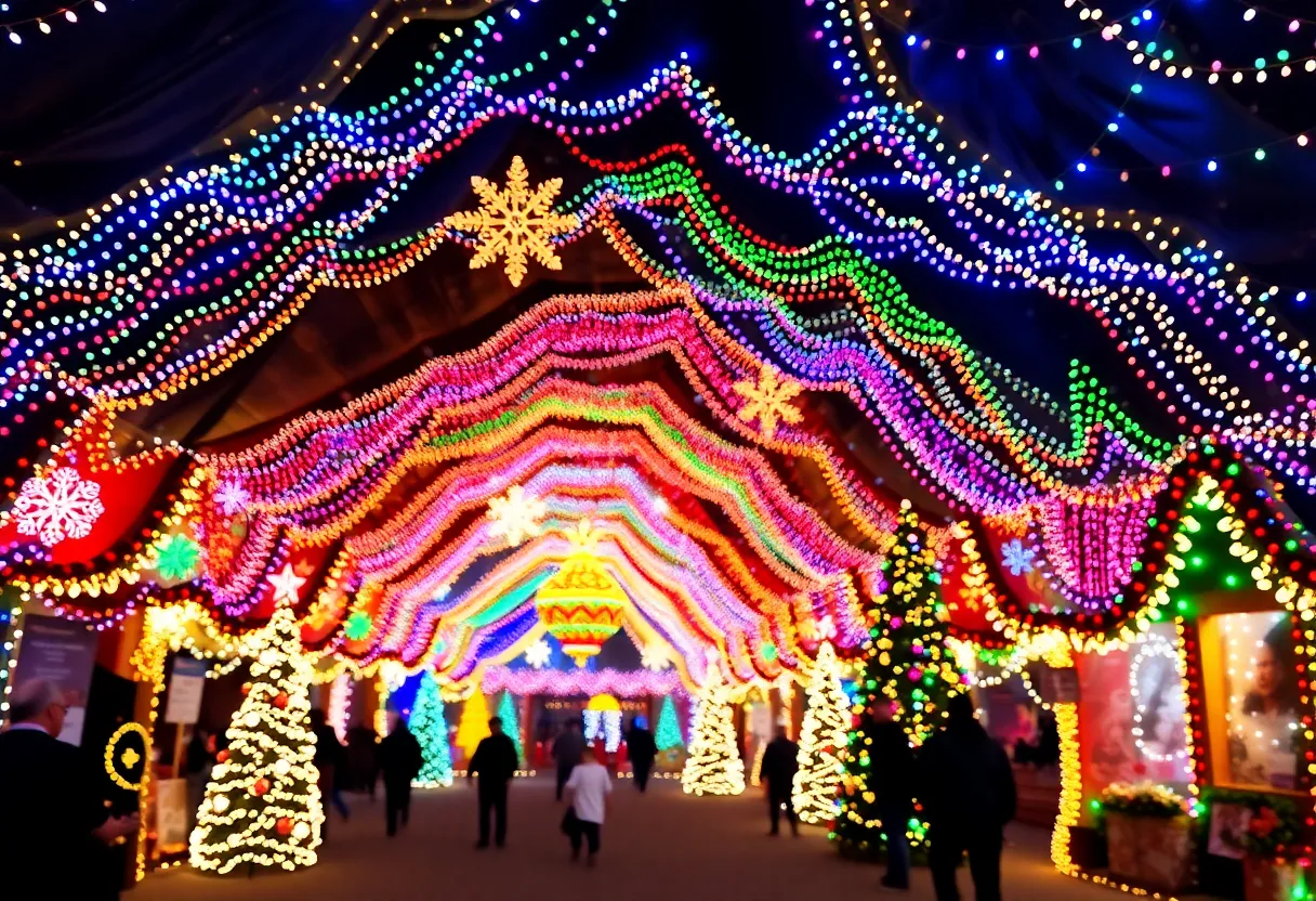 A stunning display of holiday lights in an underground cavern.