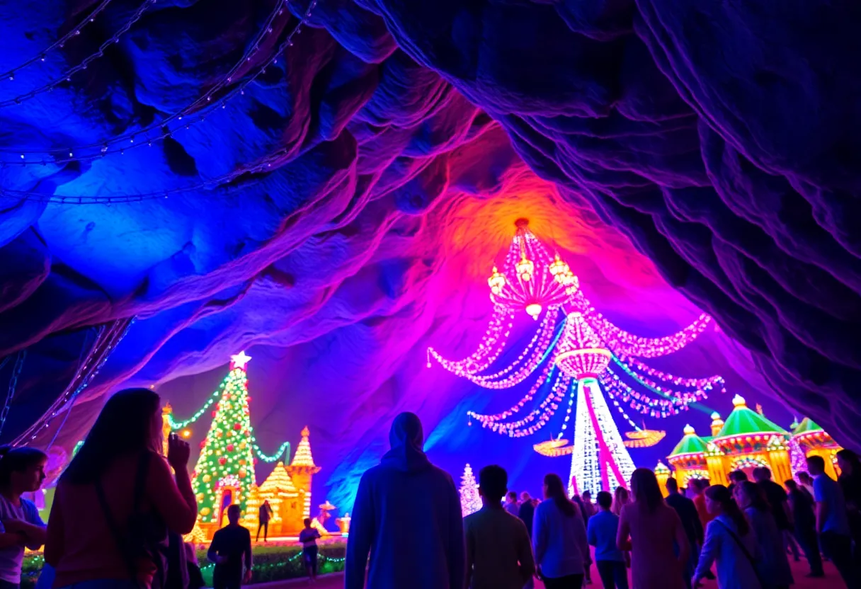 Families celebrating holiday magic at SLICE OF MAGIC in Louisville Mega Cavern.